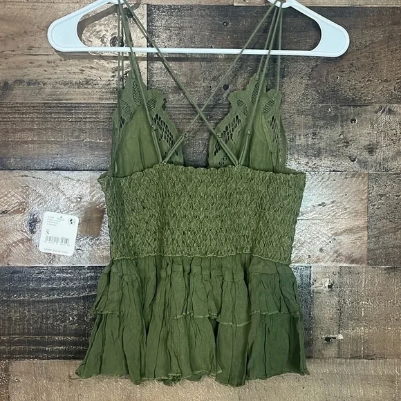 Free People Adella Lace Smock Back Ruffle Cotton Blend Back Detail Cami Green